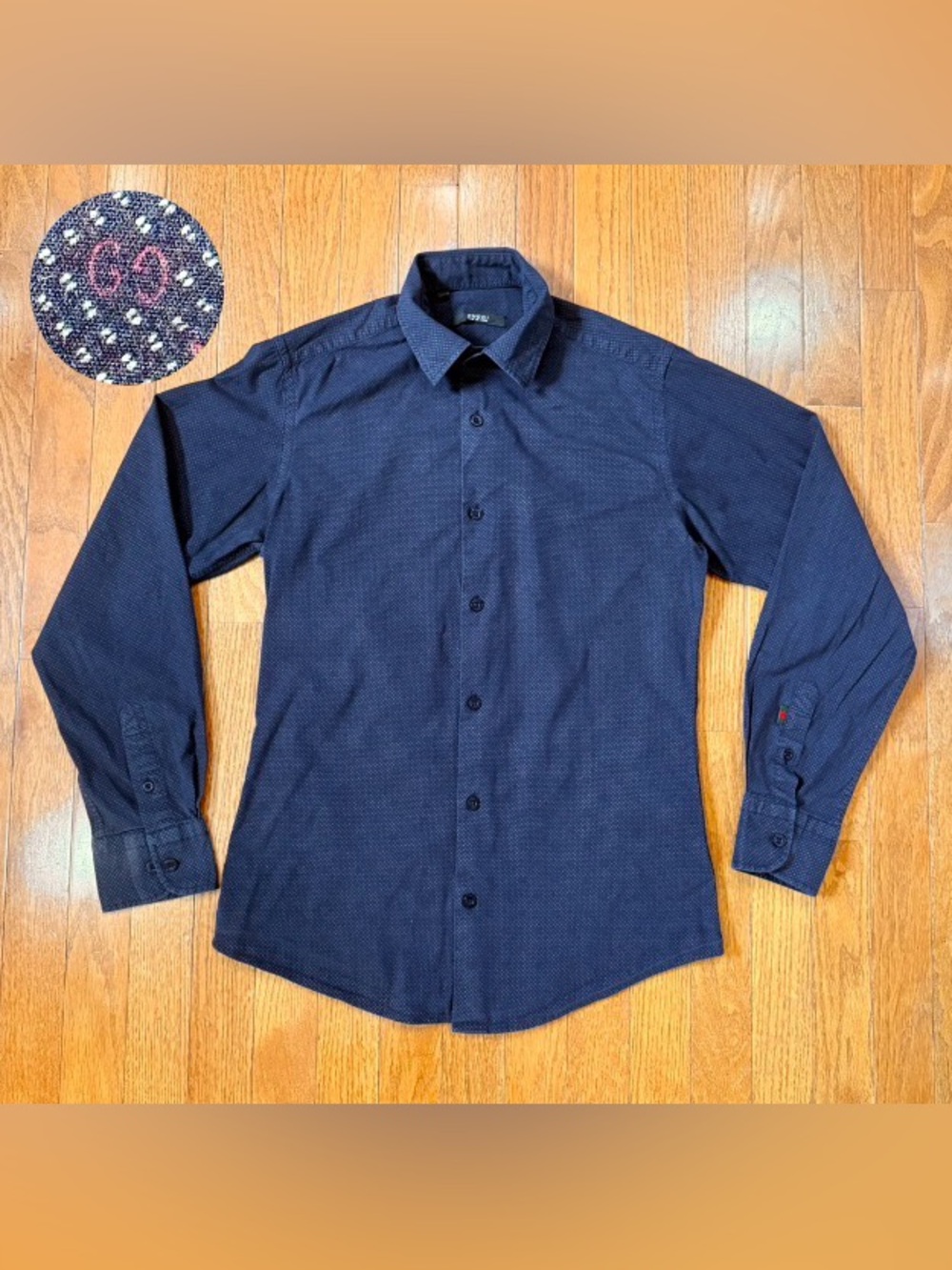 Gucci Mens Small Navy Diamante Micro Geometric Long Sleeve Button Down Shirt